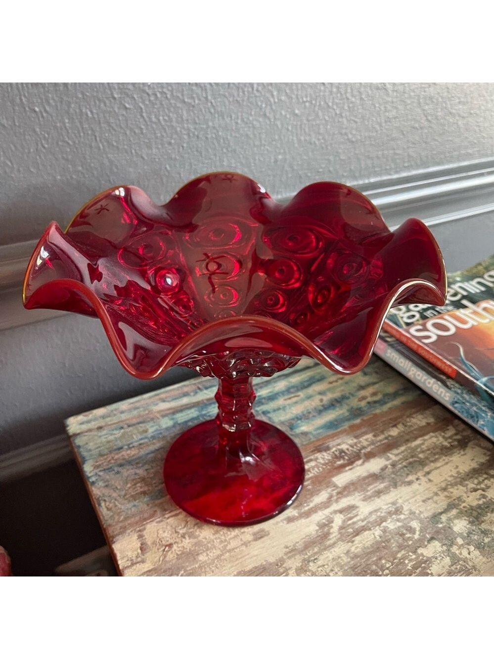 Vintage Viking Glass Bullseye Ruby Red Amberina Glowing edge footed Compote